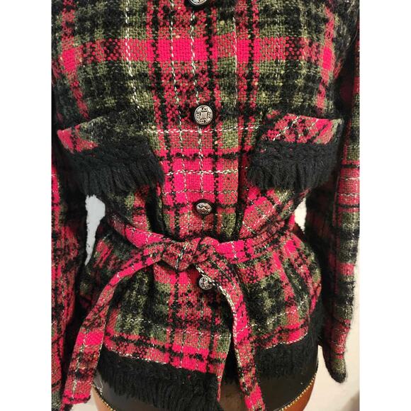 Vintage Z.C.M.I. Cameo Room 1960s Red Black Check Tweed Jacket w/Belt Fringe S/M - Picture 6 of 8